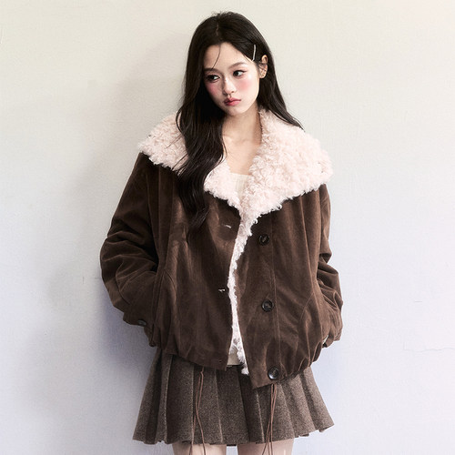 FragileHeart棕色麂皮毛领厚外套