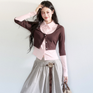 纯棉假两件针织衫 易碎商店·粉棕蝶梦 撞色显瘦上衣早春 现货