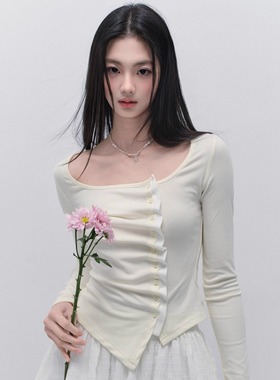 【现货】易碎商店·韩系风淡黄色修身打底衫设计感收腰抽褶上衣