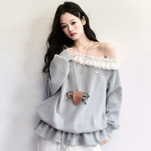 易碎商店·月汐手札 现货 慵懒宽松花边斜肩卫衣抽绳绑带上衣