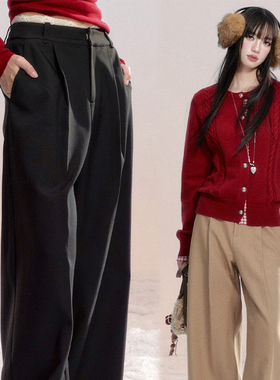 【现货】易碎商店韩系设计感蕾丝拼瘦阔腿毛呢西装裤垂感休闲长裤