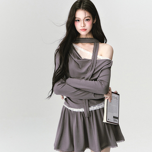 斜肩针织上衣半裙套装 易碎商店·薄青洄游蕾丝斜肩打底衫 现货