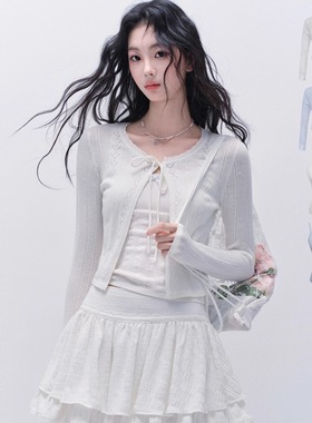 【现货】易碎商店·晚月叙岛 韩版蕾丝针织绑带开衫显瘦上衣套装