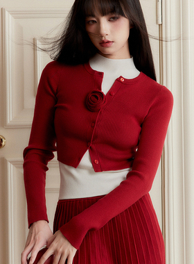 fragileheart易碎商店·新年穿搭 复古红色针织开衫半裙圣诞套装