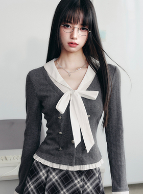 fragileheart易碎商店·汐风典籍学院风假两件蝴蝶结针织长袖上衣