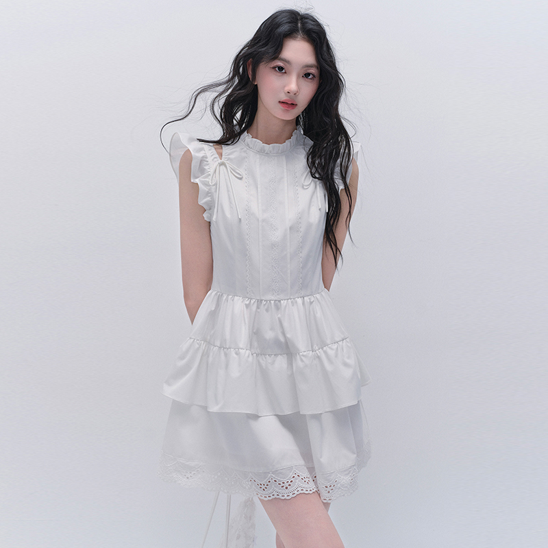 易碎商店甜美初恋白小飞袖连衣裙
