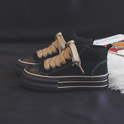 人本加绒高帮帆布鞋女2025秋冬新款保暖休闲板鞋黑色冬季厚底棉鞋