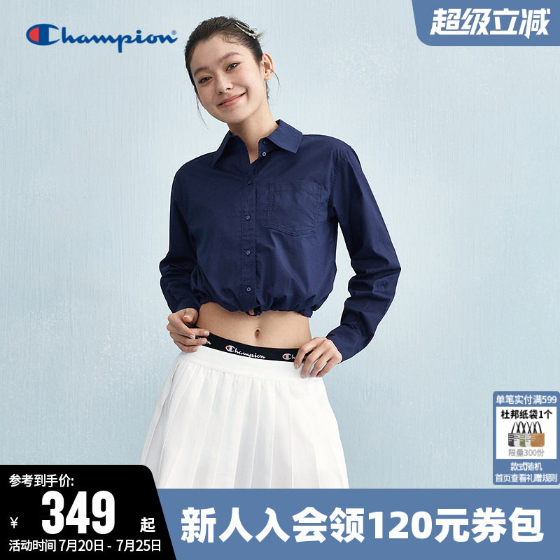 Champion冠军长袖衬衫女春季刺绣翻领白色设计感休闲纯棉短款上衣