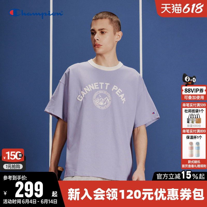 Champion冠军T恤女夏季图案拼色情侣休闲运动圆领纯棉短袖上衣男