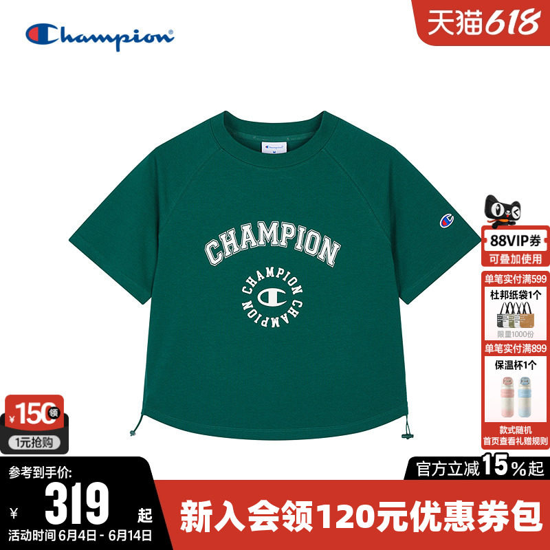 Champion冠军短款T恤女夏季印花logo插肩袖抽绳休闲圆领短袖上衣
