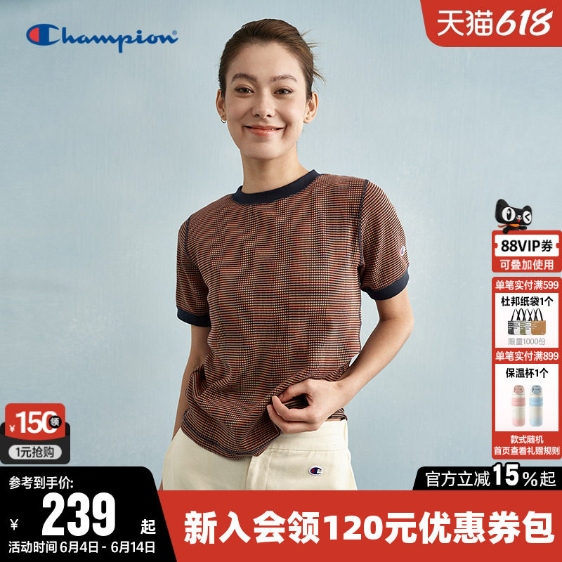 Champion冠军T恤女夏季潮流拼色华夫格针织修身圆领休闲短袖上衣
