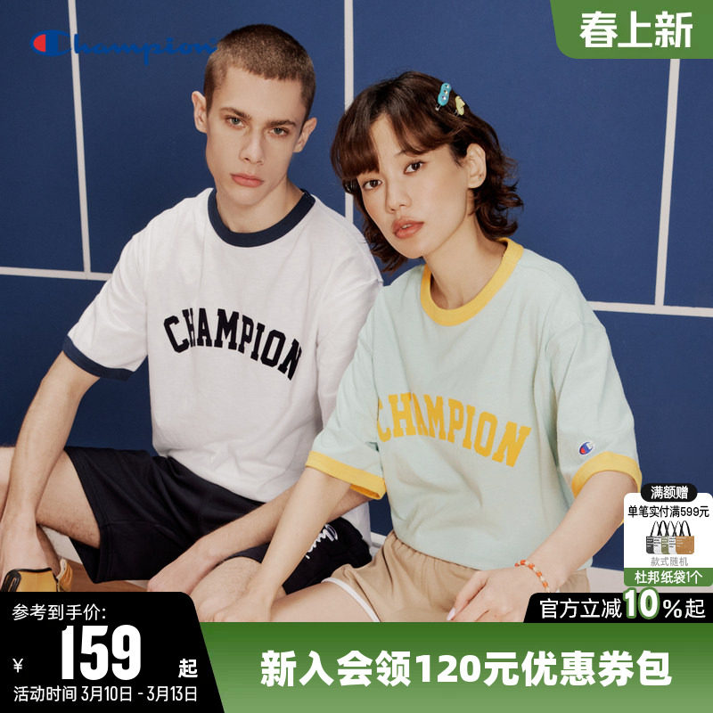 Champion冠军T恤女春季纯棉植绒logo透气情侣圆领拼色短袖上衣男
