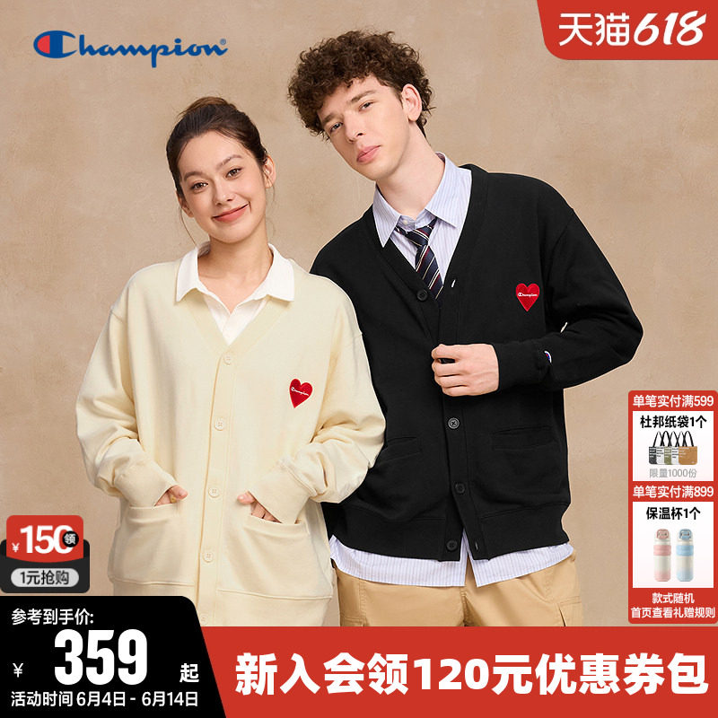 Champion冠军卫衣女春季情侣纯棉爱心徽标logo纯色开衫V领上衣男