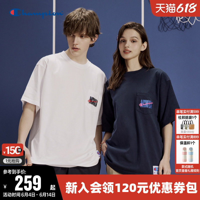 Champion冠军T恤女夏季口袋刺绣纯棉情侣休闲运动圆领短袖上衣男