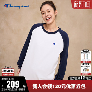 情侣刺绣插肩袖 新款 拼色运动上衣男 T恤女26春季 Champion冠军长袖