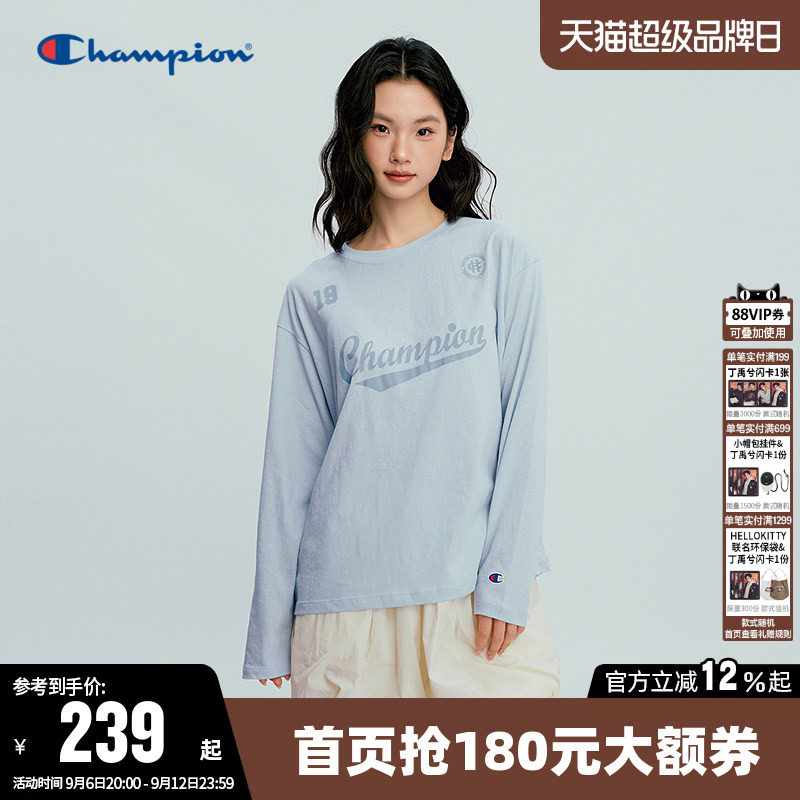 Champion冠军T恤女26春季新款印花草写logo休闲宽松长袖圆领上衣