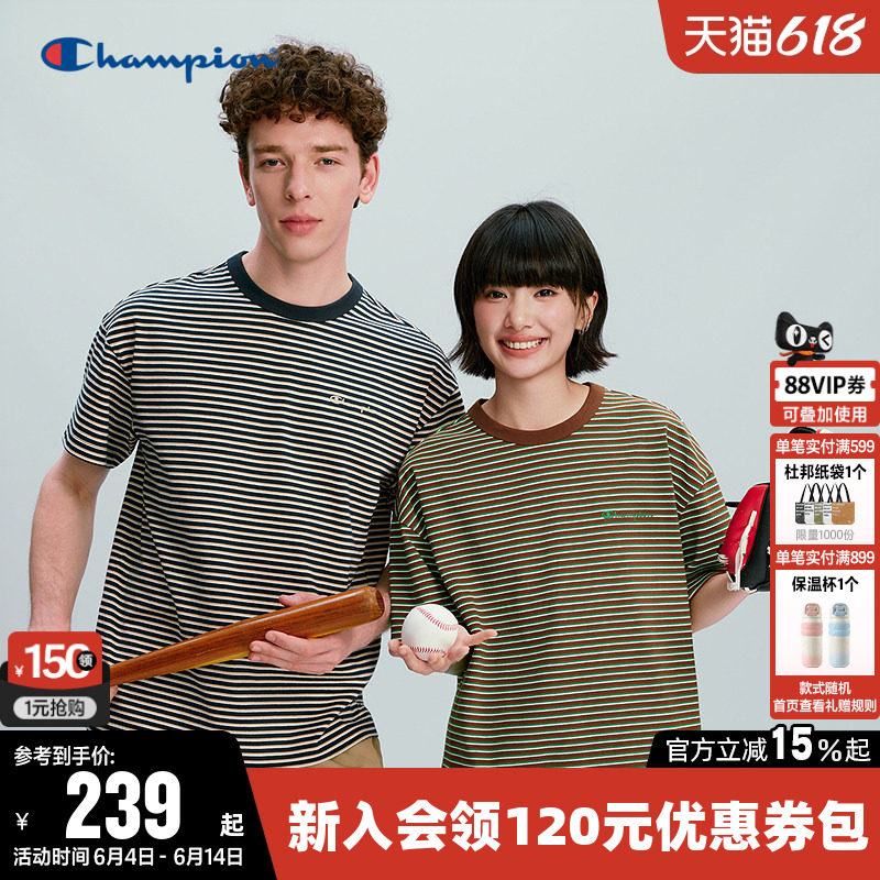 Champion冠军T恤女2026夏季新款情侣条纹纯棉休闲圆领短袖上衣男