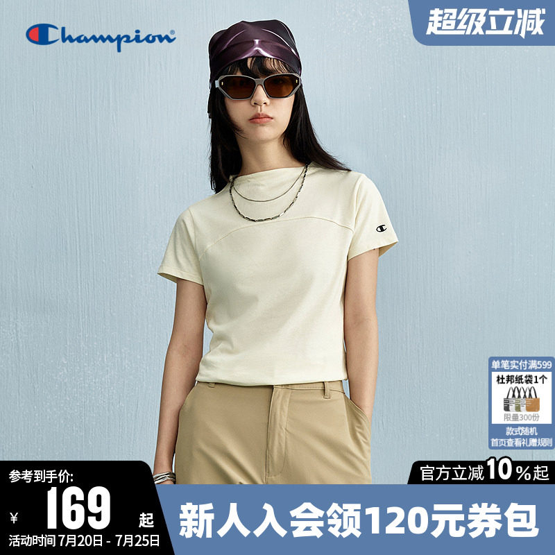 Champion冠军T恤女2026夏季新款纯色拼接打底衫圆领运动短袖上衣