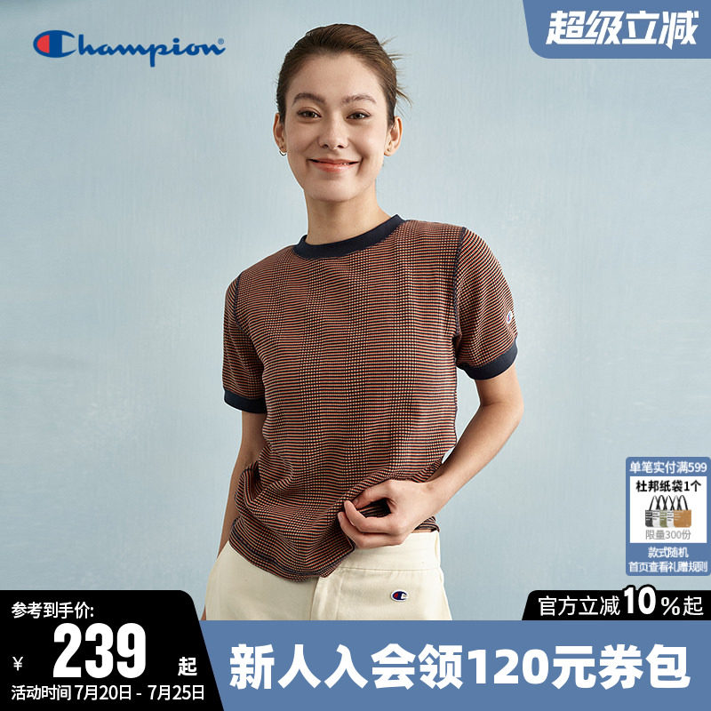 Champion冠军T恤女夏季潮流拼色华夫格针织修身圆领休闲短袖上衣