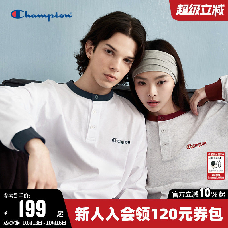Champion冠军长袖T恤女秋季情侣拼色半扣圆领打底休闲纯棉上衣男