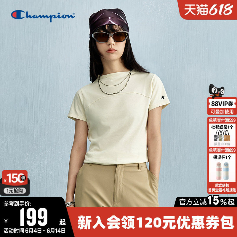 Champion冠军T恤女2026夏季新款纯色拼接打底衫圆领运动短袖上衣