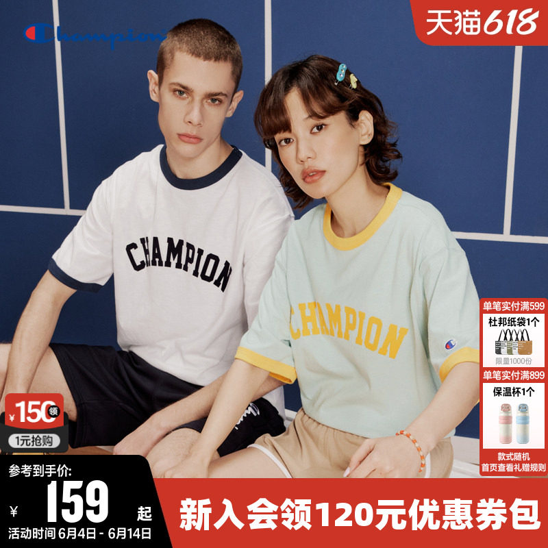 Champion冠军T恤女夏季纯棉植绒logo透气情侣圆领拼色短袖上衣男