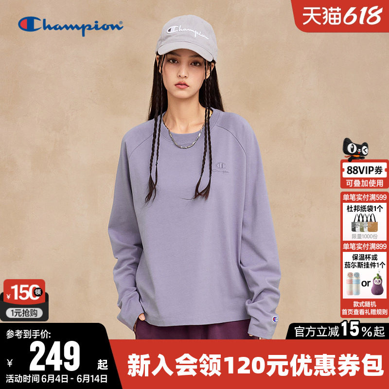 Champion冠军T恤女26春季新款纯棉插肩袖休闲圆领宽松长袖上衣潮