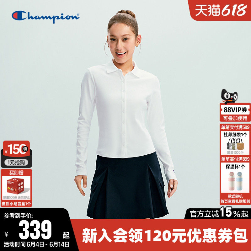 Champion冠军衬衫女2026春季新款纯色修身长袖POLO衫翻领休闲上衣