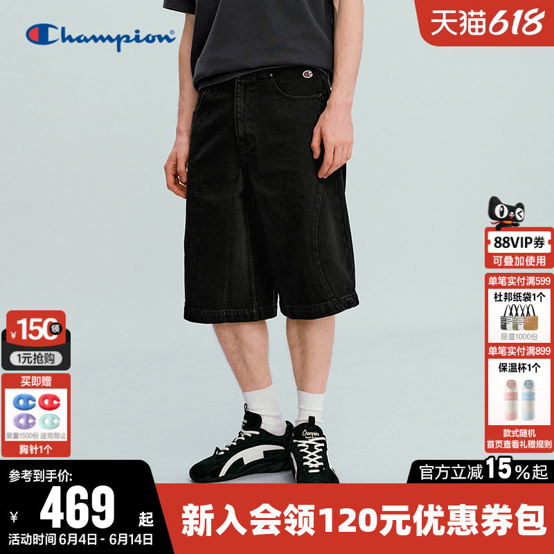 Champion冠军短裤男2026夏季新款纯棉牛仔中裤休闲梭织宽松裤子女