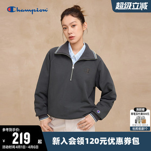 纯色半拉链休闲学院风海军领宽松上衣 Champion冠军翻领卫衣女春季