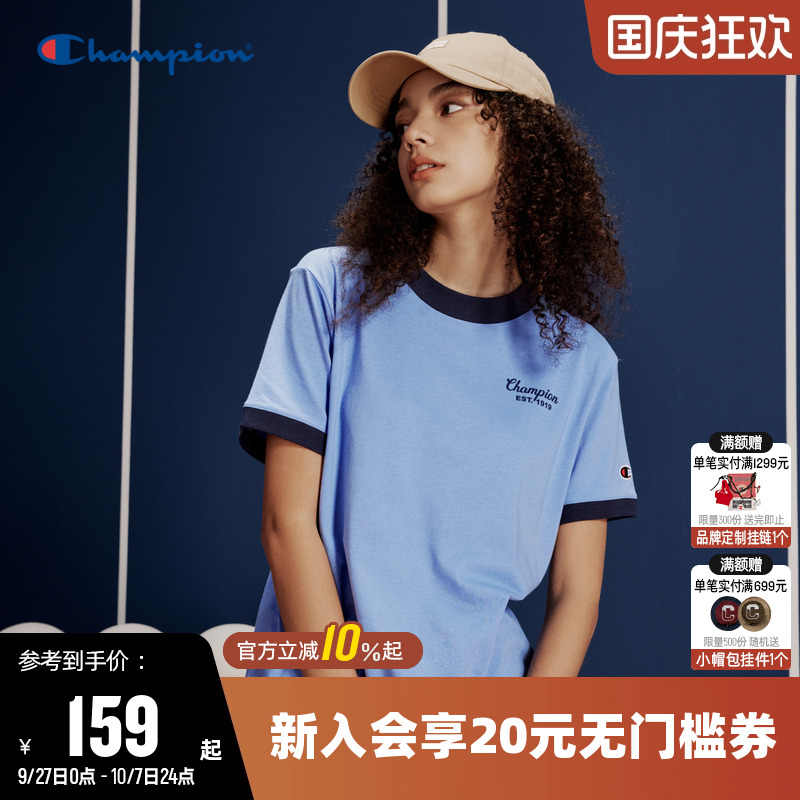 Champion冠军T恤女25夏季新款印花透气拼色休闲圆领运动短袖上衣