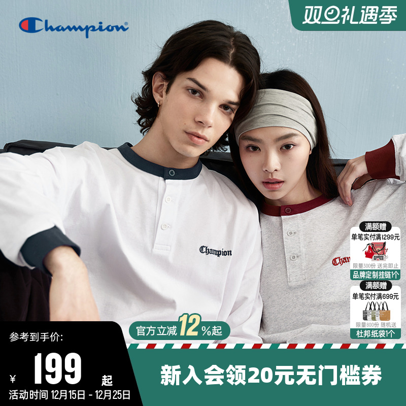 Champion冠军长袖T恤女25秋季新款情侣拼色圆领打底衫纯棉上衣男