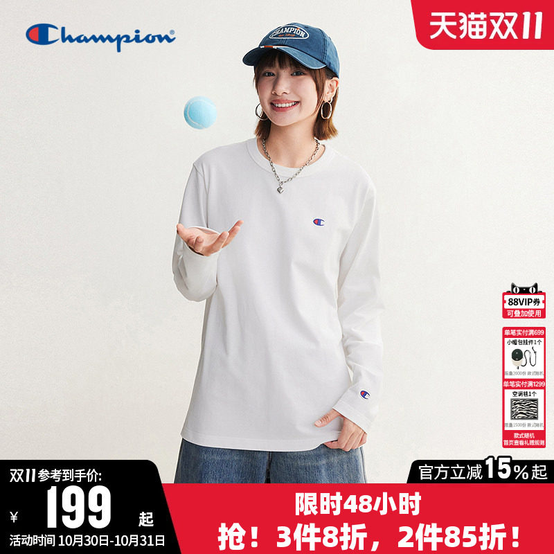 Champion冠军T恤女2026秋季新款情侣纯棉宽松休闲圆领长袖上衣男