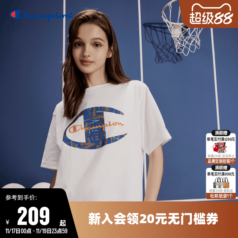 刺绣短袖T恤Champion冠军情侣