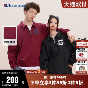 Champion冠军卫衣女冬季 情侣做旧印花半拉链加绒翻领休闲上衣男