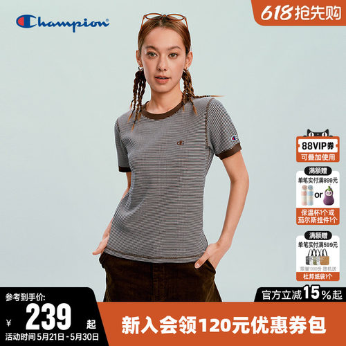 Champion冠军条纹圆领短袖T恤女