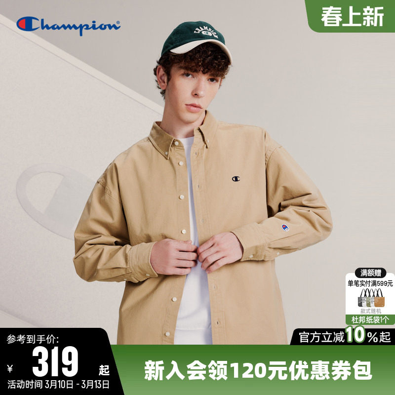 Champion冠军衬衫男春季情侣纯色刺绣小C logo翻领纯棉长袖上衣女