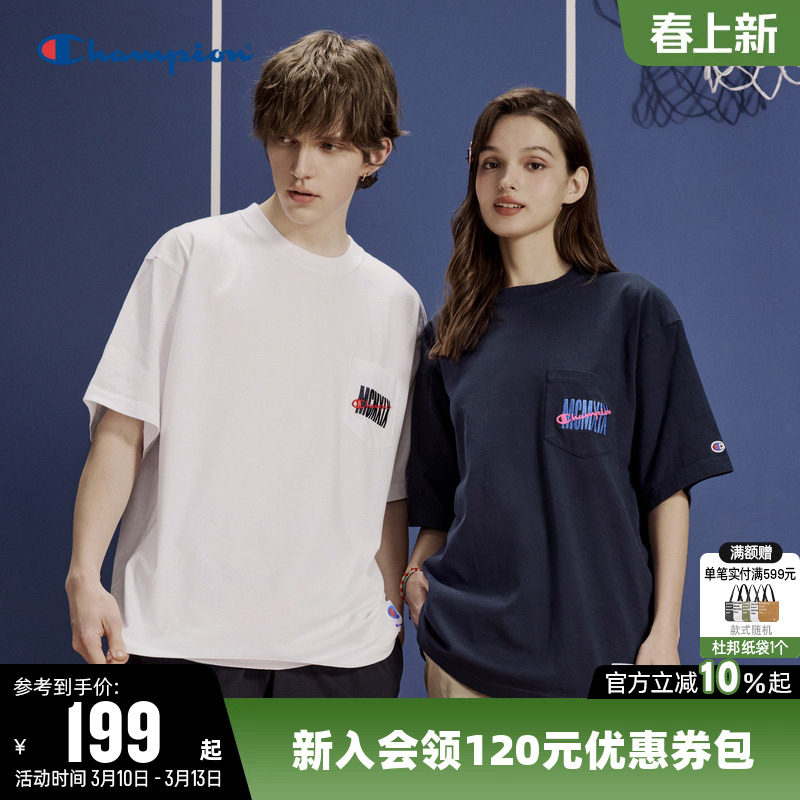 Champion冠军T恤女春季口袋刺绣纯棉情侣休闲运动圆领短袖上衣男