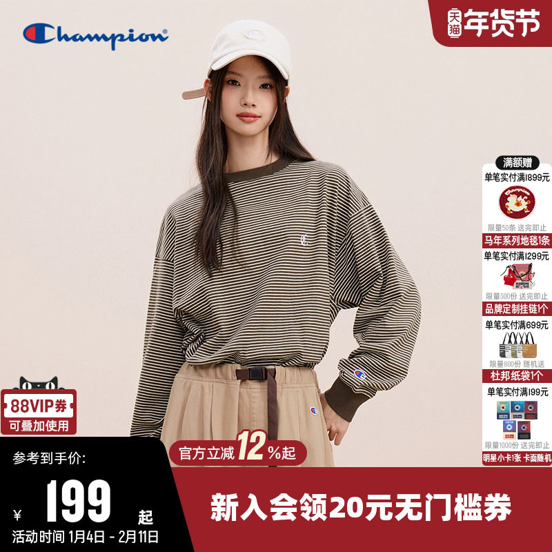 Champion冠军长袖T恤男25秋季新款条纹圆领纯棉运动打底衫上衣女