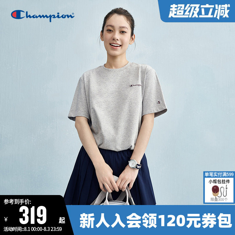 Champion冠军T恤女夏季潮牌纯棉抽绳休闲纯色圆领运动短袖上衣潮