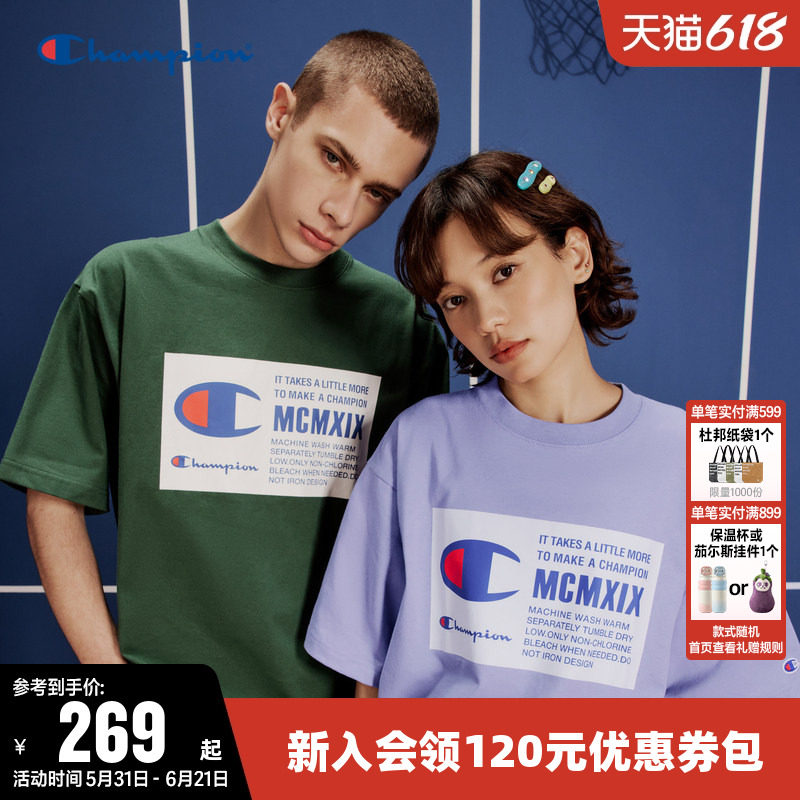 Champion冠军T恤女夏季情侣印花大C logo纯棉休闲圆领短袖上衣男