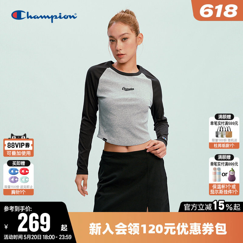 Champion冠军短款T恤女2026春季新款插肩袖休闲圆领修身长袖上衣