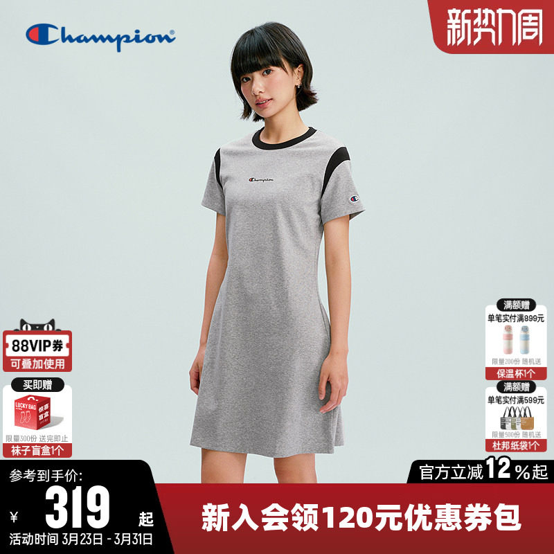 Champion冠军连衣裙女2026春季新款针织直筒裙休闲短袖圆领裙子潮