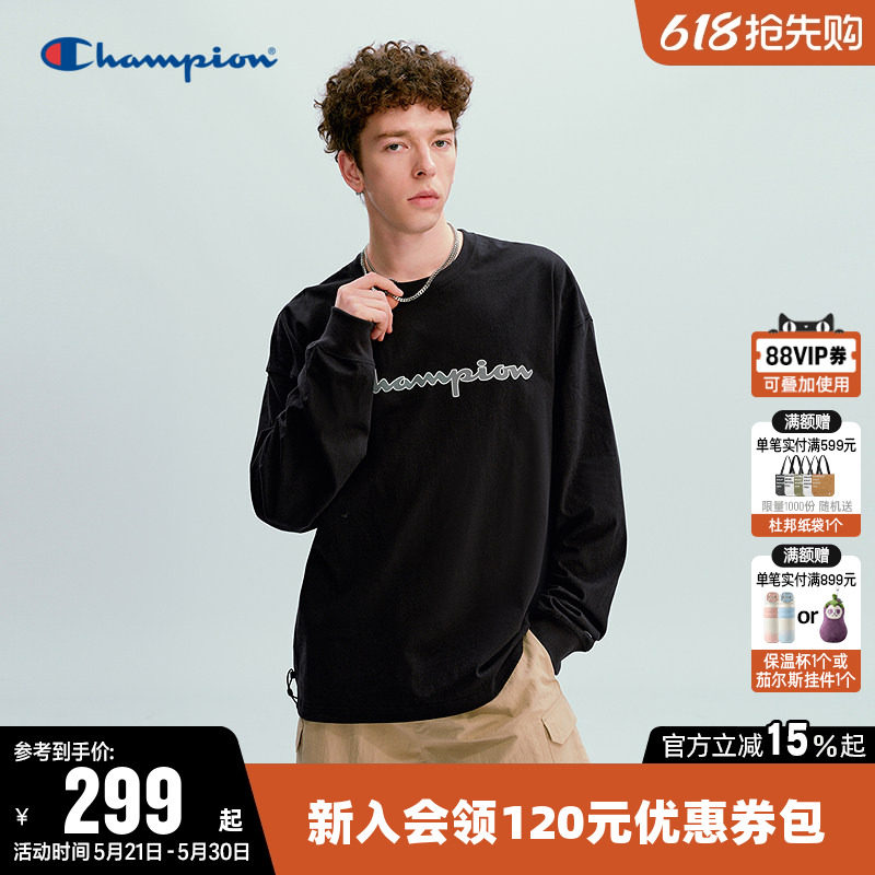 Champion冠军T恤女2026春季新款情侣纯棉休闲宽松圆领长袖上衣男