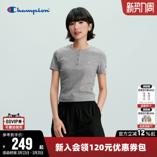 Champion冠军T恤女2026春季新款纯色纽扣修身休闲圆领短袖上衣潮
