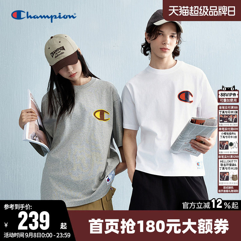 Champion冠军T恤女夏季刺绣大C logo纯棉透气情侣圆领短袖上衣男