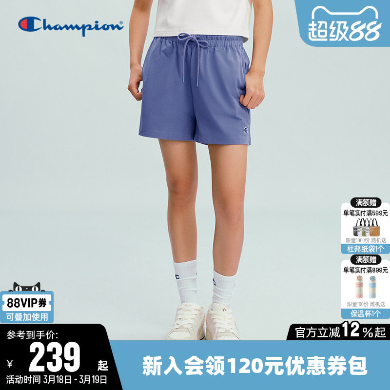 Champion冠军短裤女2026春季新款纯棉针织裤系带透气休闲运动裤子