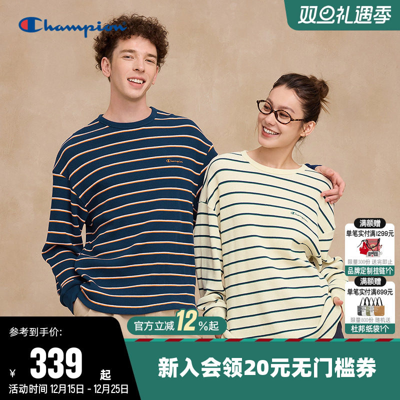 Champion冠军T恤女25秋季新款情侣华夫格条纹圆领宽松长袖上衣男