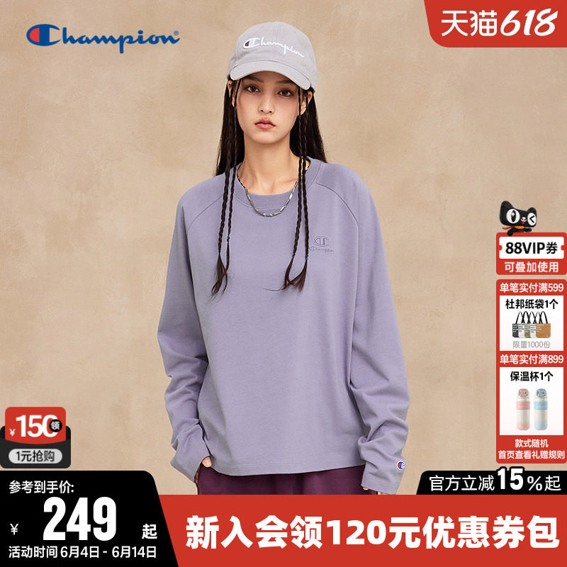 Champion冠军T恤女26春季新款纯棉插肩袖休闲圆领宽松长袖上衣潮