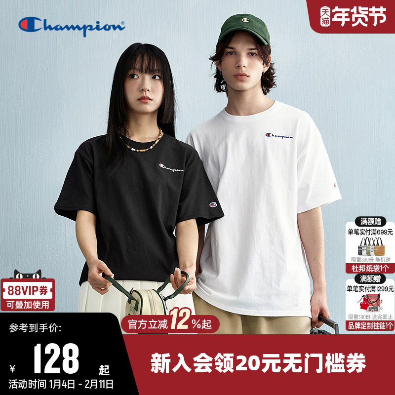 Champion冠军T恤女2025夏季新款刺绣纯棉情侣圆领运动短袖上衣男